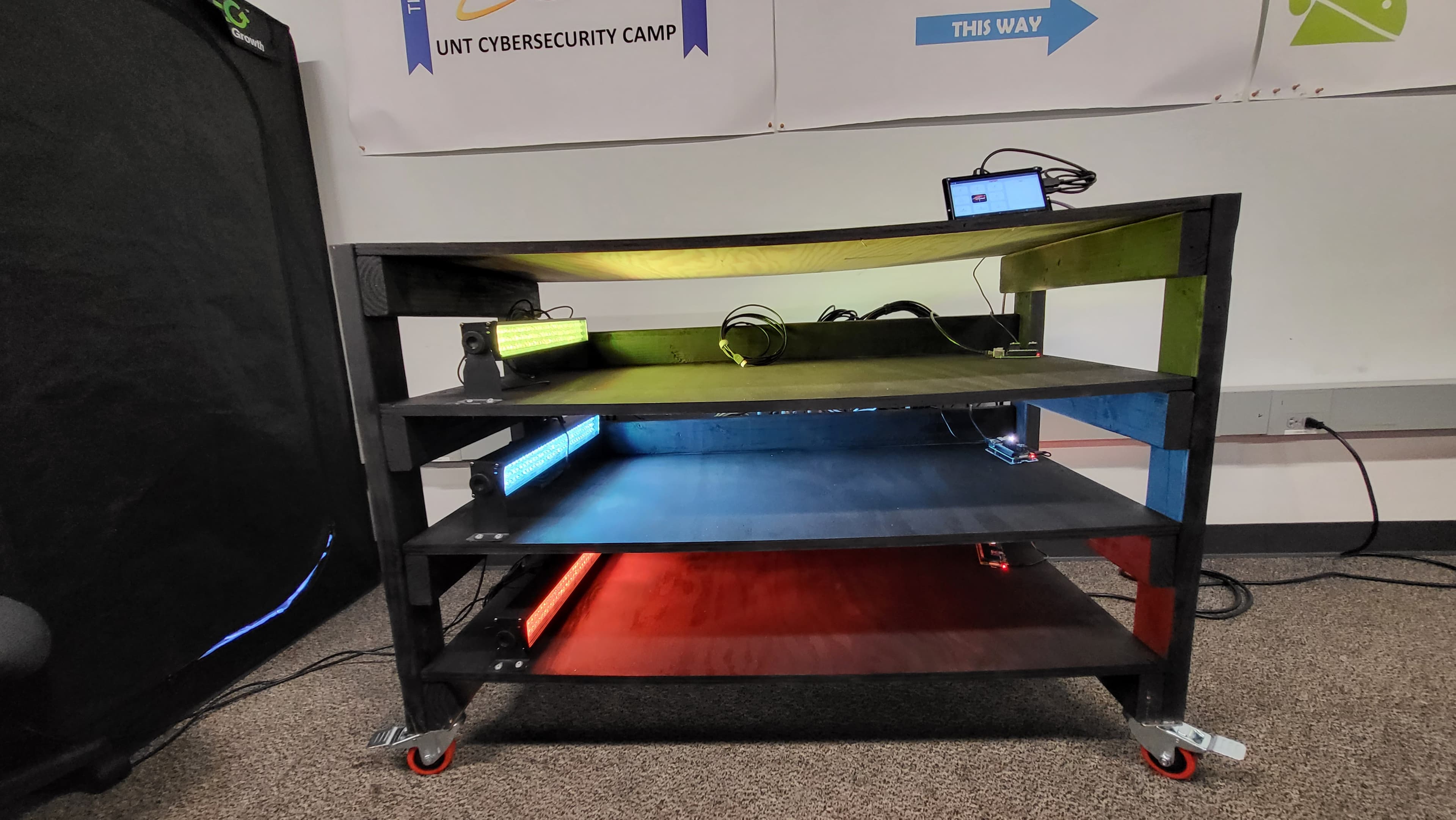 The demo rig at the Texas Space Grant conference, Houston, Spring 2022. Raspberry Pi 4, LUX/RGB sensors, RGB lighting, plant.